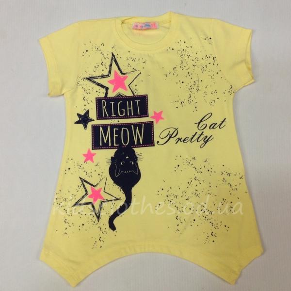 детская одежда недорого для девочек футболки и майки Туника детская для девочек -Meow - желтого цвета 5-8 лет 102 181 Т-1053