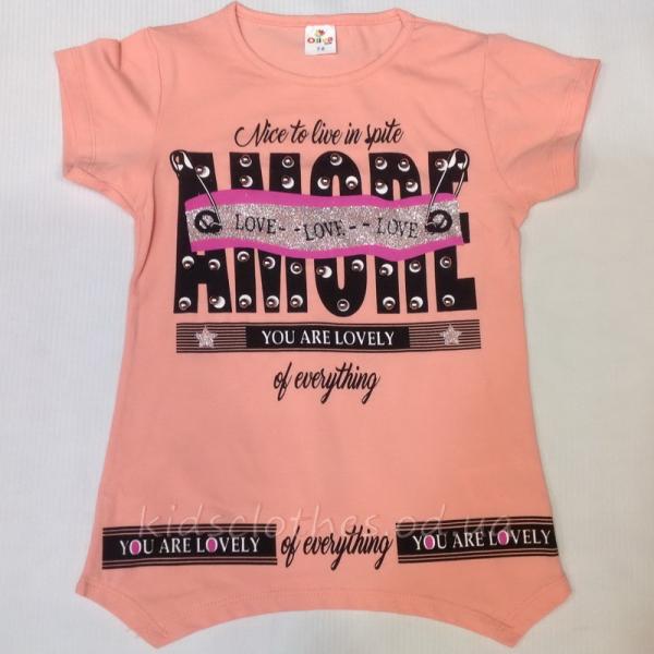 детская одежда недорого для девочек футболки и майки Футболка детская летняя для девочек -Amore-Oliva Kids- персиковая 8-12 лет 102 19-4266