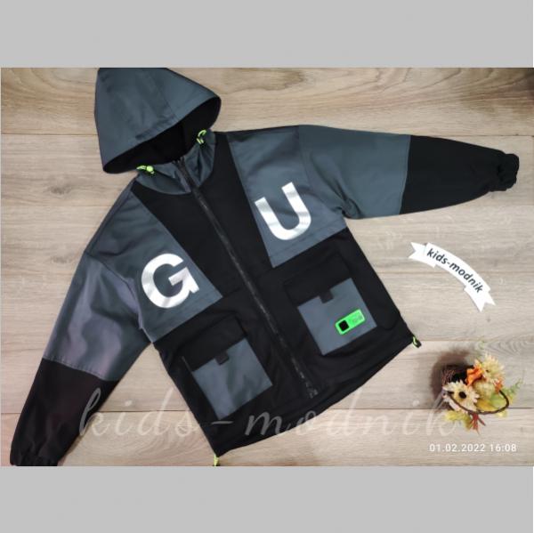 детская одежда недорого Куртка двухсторонняя демисезонная подростковая для мальчиков -G U- черная с серым 12-13;14-15 лет