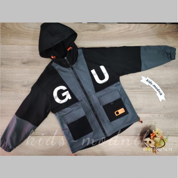 детская одежда недорого Куртка двухсторонняя демисезонная подростковая для мальчиков -G U- серая с черным 12-13;14-15 лет