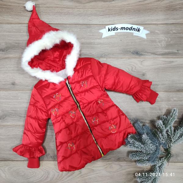детская одежда недорого Куртка дитяча утеплена для дівчаток -Міккі- червоного кольору 1-2-3 роки