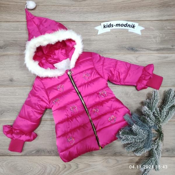 детская одежда недорого Куртка дитяча утеплена для дівчаток -Міккі-малинового кольору 1-2-3 роки