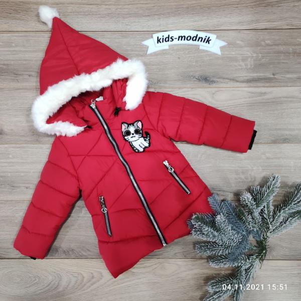 детская одежда недорого Куртка дитяча утеплена для дівчаток -NiceisCat- червоного кольору 2-3-4-5 років