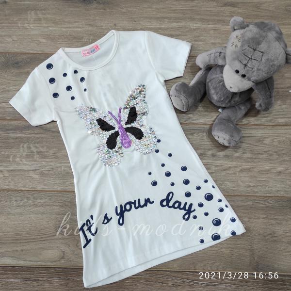 детская одежда недорого для девочек футболки и майки Туника детская летняя для девочек -Butterfly- молочного цвета 4-5-6 лет 101 181 1057