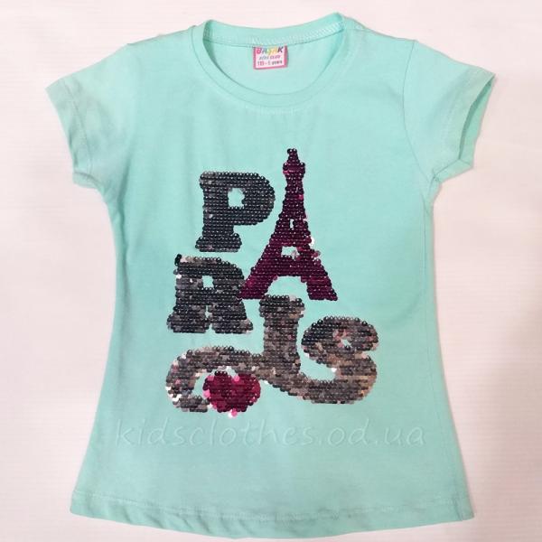 детская одежда недорого для девочек футболки и майки Туника детская для девочек -Paris- светло-бирюзовая 5-8 лет с пайетками 101 181 Т-3202